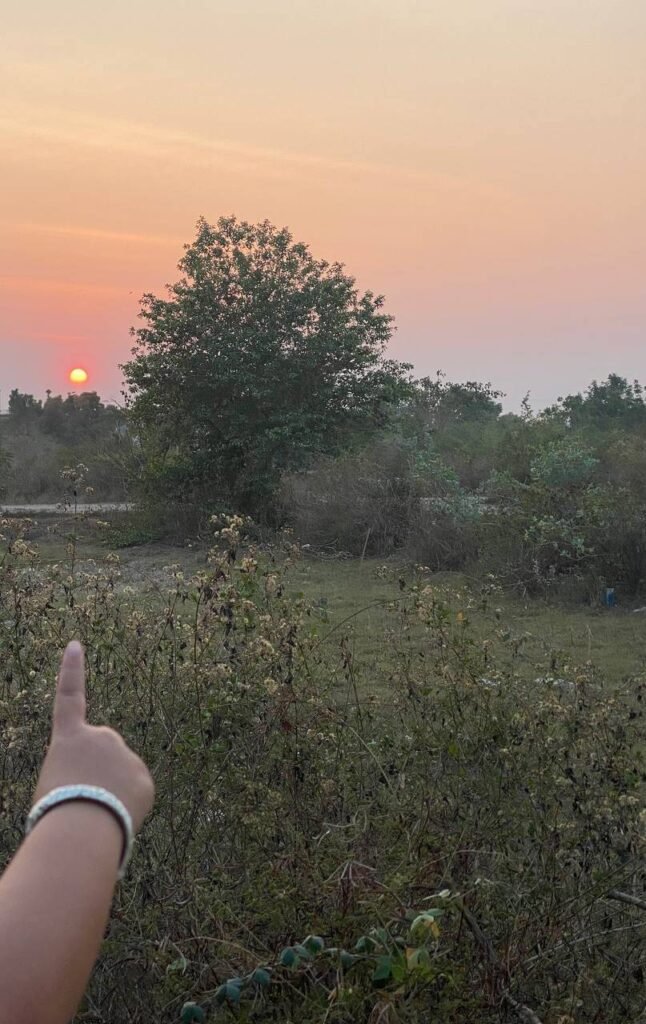 A child's hand pointing toward a bright orange sunrise over a brushy field.