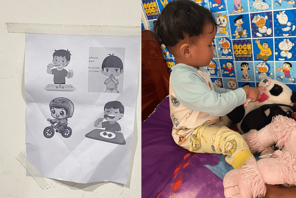 A split image showing a printed daily routine chart taped to a wall, alongside a toddler practicing brushing a stuffed panda bear's teeth.