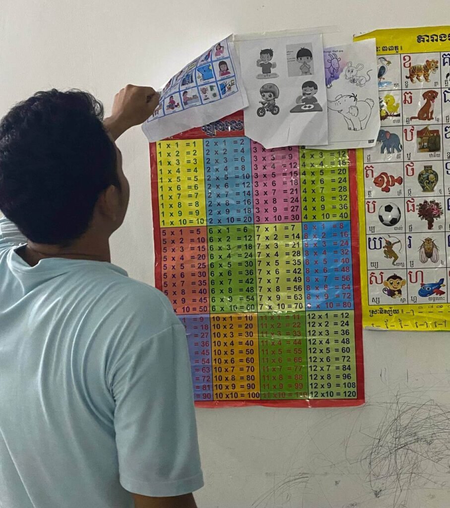 A dad removing cluttered morning routine and multiplication charts from a child's bedroom wall.