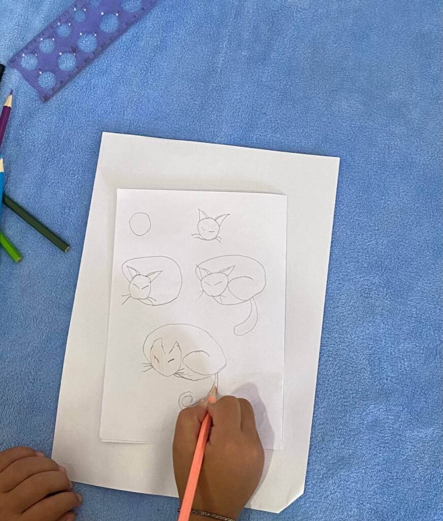 A child's hand using a peach-colored pencil to draw a sleeping cat, showing how a basic circle transforms into a curled-up kitten on white paper.